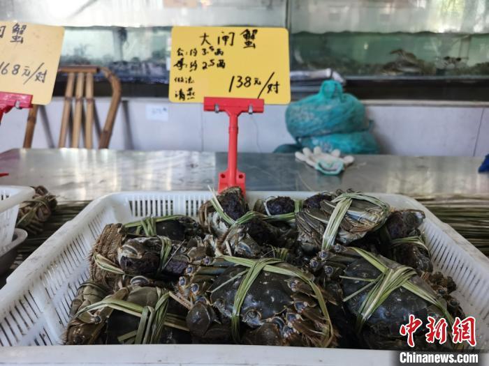 捆扎好的大閘蟹，等待著消費(fèi)者的購(gòu)買(mǎi)?！＄娚?攝