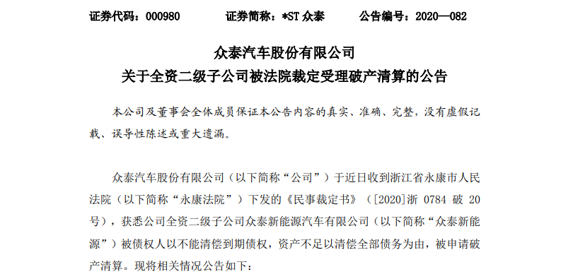 眾泰新能源汽車被正式裁定破產(chǎn)清算