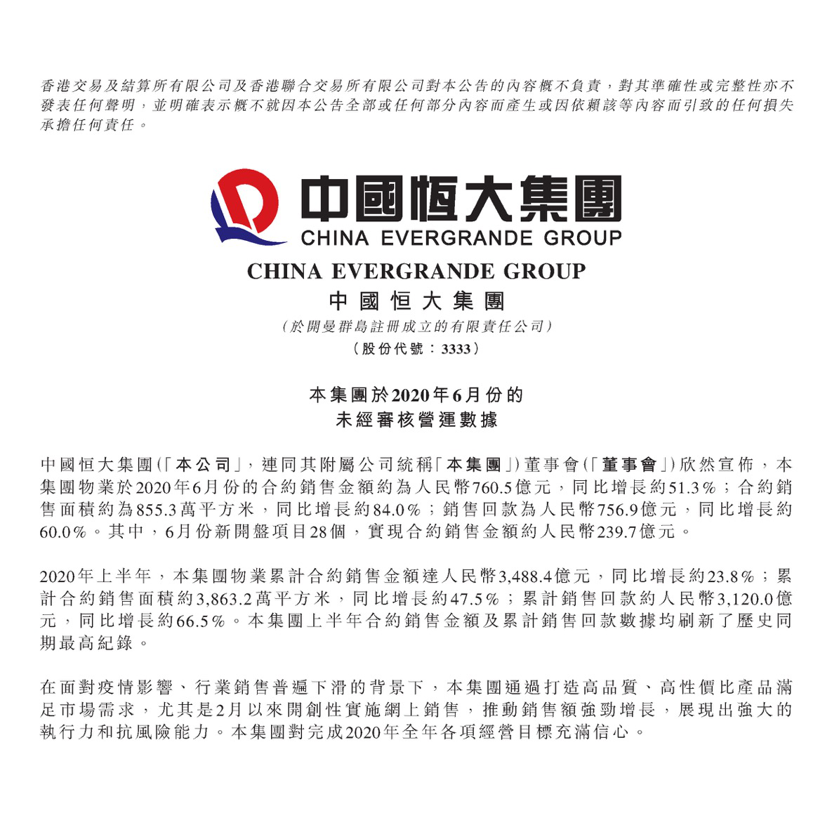 中國(guó)恒大前6月實(shí)現(xiàn)合約銷售3488.4億元 多項(xiàng)數(shù)據(jù)創(chuàng)同期歷史紀(jì)錄