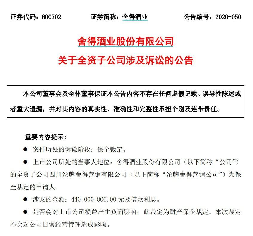舍得酒業自查4.4億資金被占 監管火速下函
