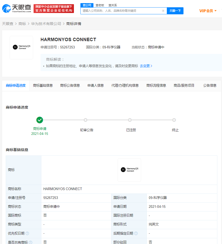 華為申請(qǐng)注冊(cè)“HarmonyOS Connect”圖形商標(biāo)