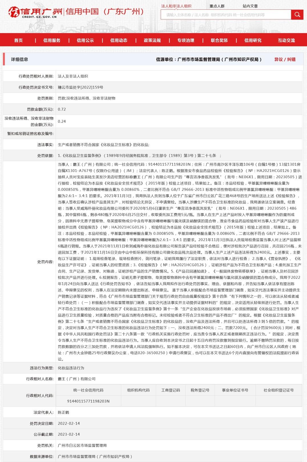霸王旗下洗發乳因防腐劑超標被罰 回應稱“代工產品原料未嚴格把關”