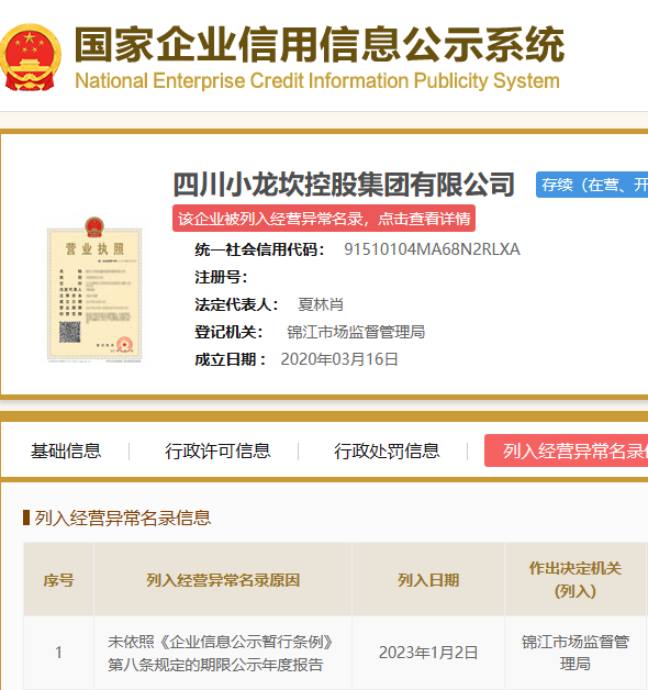 四川小龍坎控股集團(tuán)被列入經(jīng)營(yíng)異常名錄