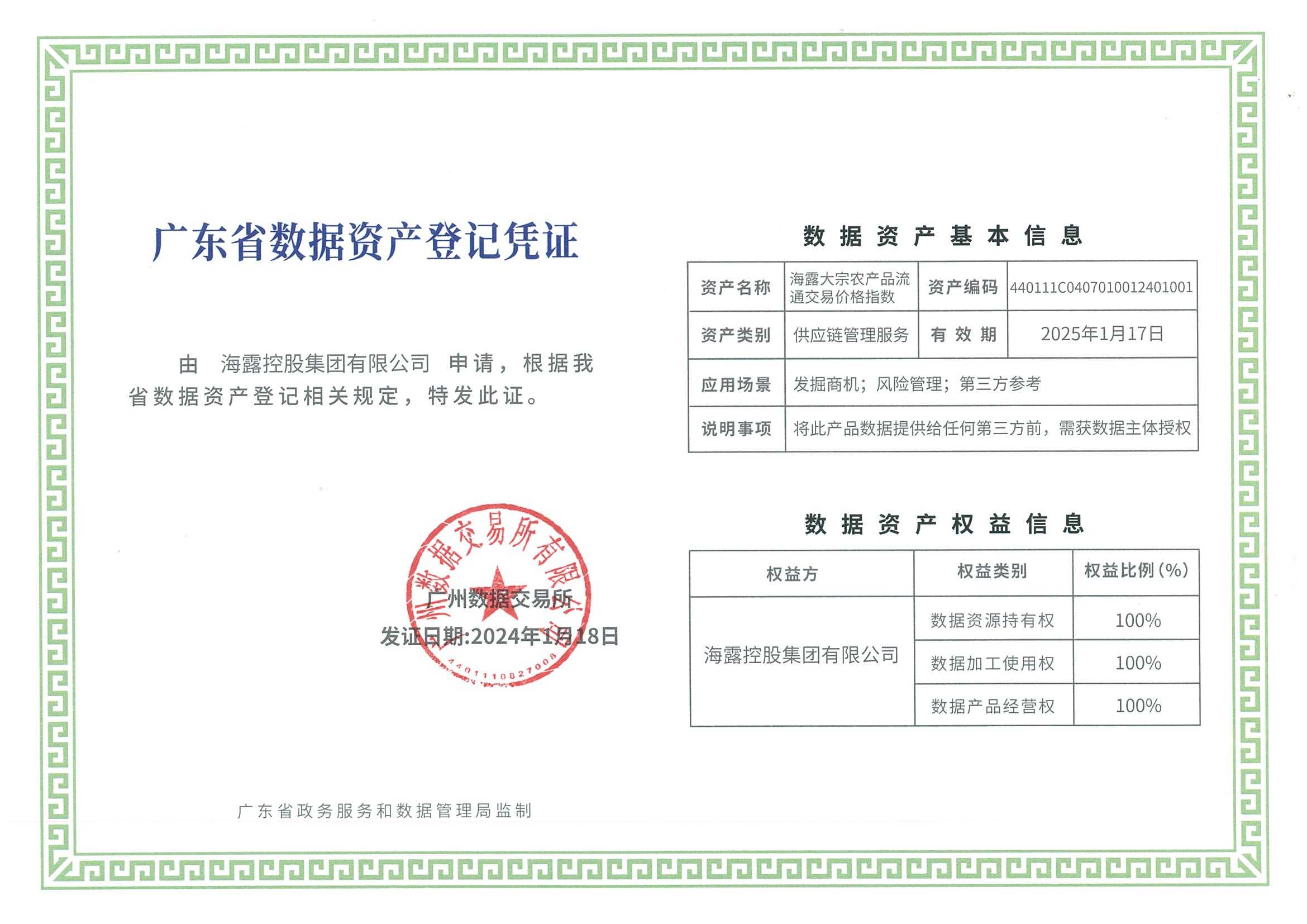 海露集團農產品交易系統獲“廣東省數據資產登記憑證”