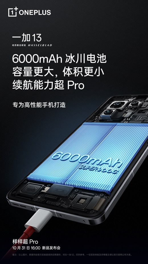 一加 13 搭載 6000mAh 超大容量冰川電池，續航體驗超 Pro