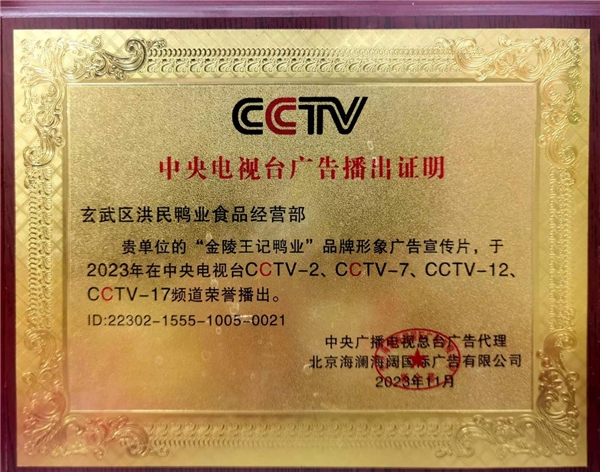 恭喜金陵王記鴨業榮獲央視CCTV品牌展播“做良心產品，創國民品牌”