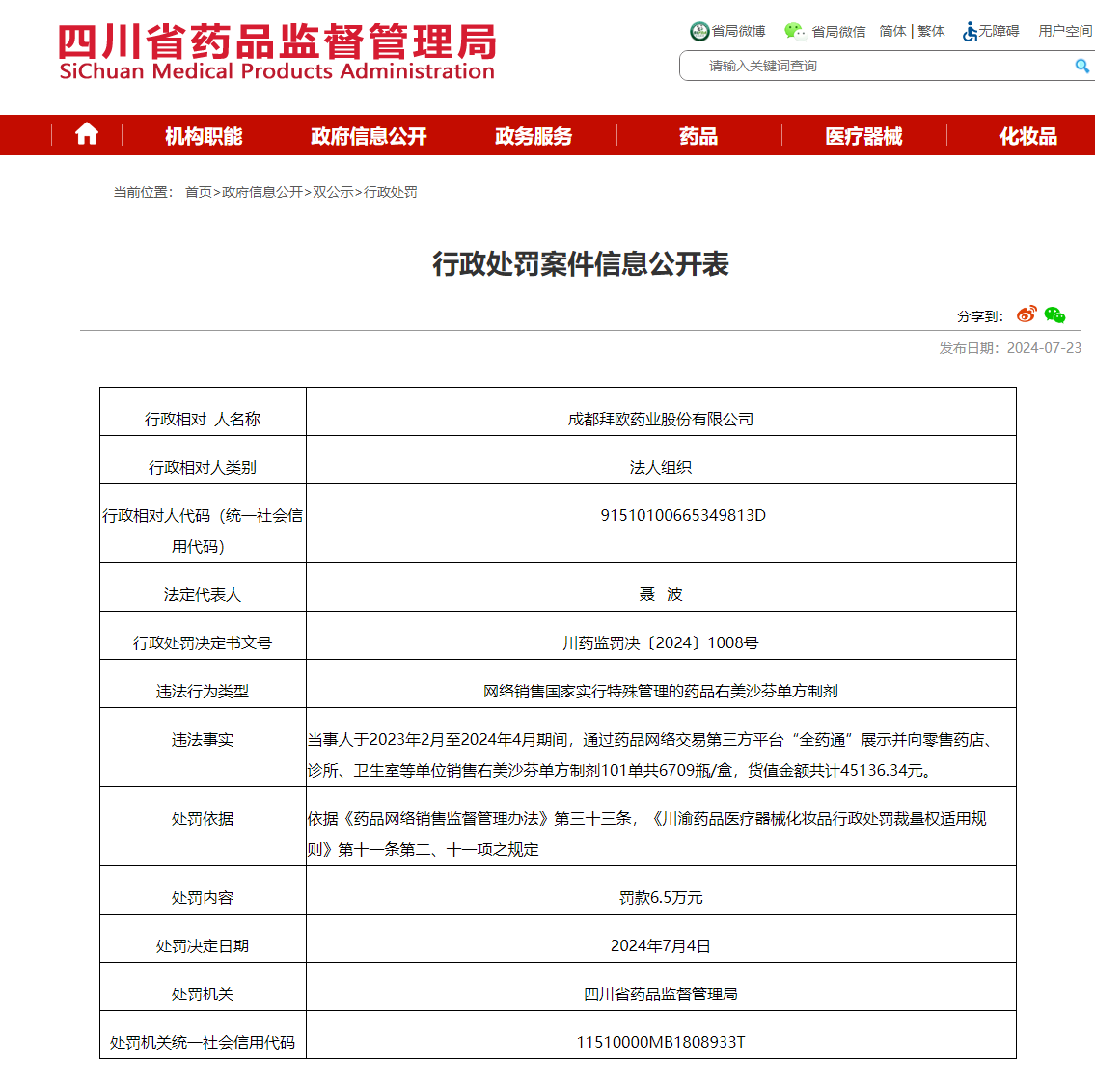 成都拜歐藥業(yè)違規(guī)銷(xiāo)售右美沙芬單方制劑被罰6.5萬(wàn)元